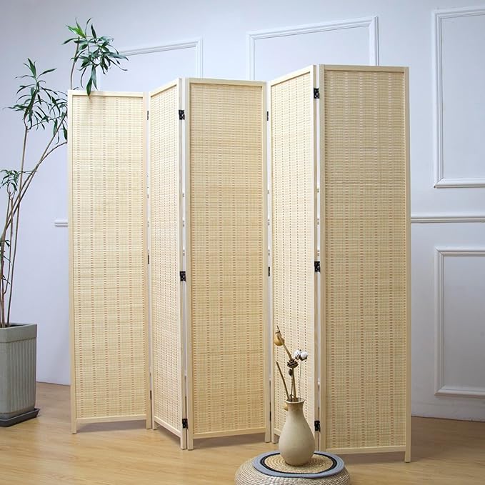 Furnnylane 5 Panel Room Divider and Folding Panel Screen,Bamboo Panel Divider Screen for Room Separation,Beige,67" H x 76.75" W