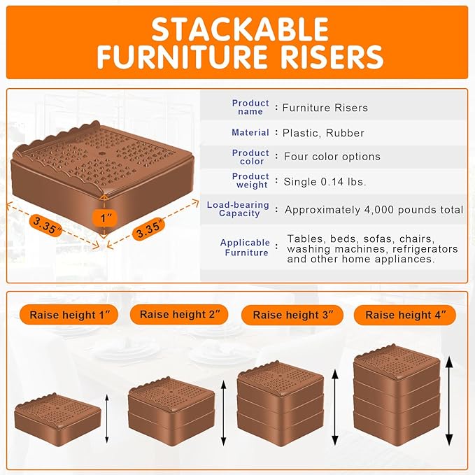 shouwuhho Furniture Risers, 4 Pack Bed Risers with Non-Slip Grip and Heavy Duty Support, 1 Inch 2 Inch 3 Inch 4 Inch Height Lift for Couch, Sofa, Table, Desk, Chair, Refrigerator - Brown, 1 Inch