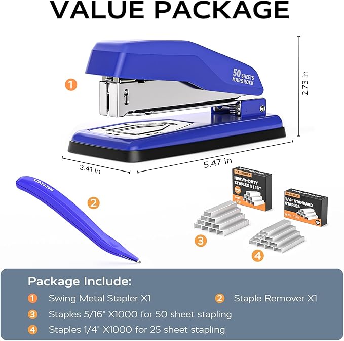 Marsrock Desktop Stapler, Swing-Arm Swivel Stapler, 50 Sheet Capacity, 2000 Staples and Staple Remover, Rotatable Heavy Duty Staplers for Office, Home, Classroom, Booklet, Book Binding, Blue