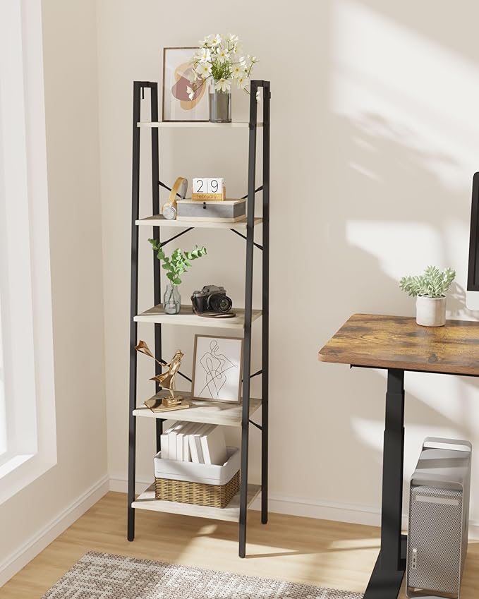 Hzuaneri Ladder Shelf, Bookshelf Bookcase, Freestanding Corner Storage Shelve with 2 Hooks for Home Office, Living Room, Kitchen, Bedroom, Industrial, 11.8" D x 17.3" W x 63" H, Greige BC19205B