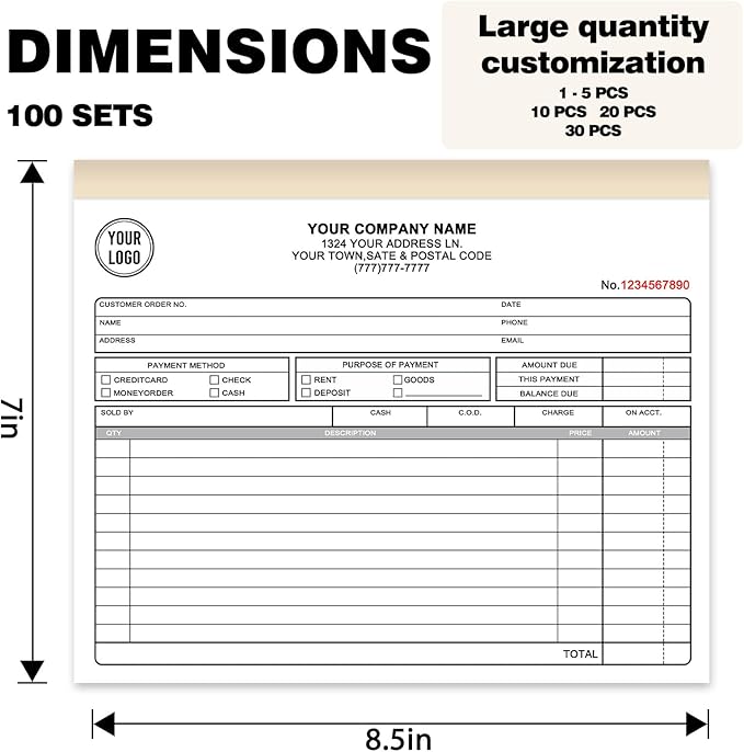 Custom Invoice Book with Logo 100 Set Personalized Receipt Books Customized Invoices for Small Business 2 - Parts Carbonless Duplicate Invoice Forms NCR Books