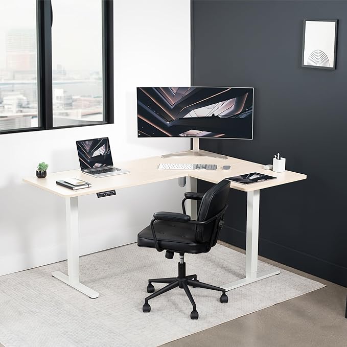 VIVO Electric Corner 63 x 47 inch L-Shaped Standing Desk, Memory Height Adjustment, Light Wood Top White Frame, DESK-E3CTWC-47