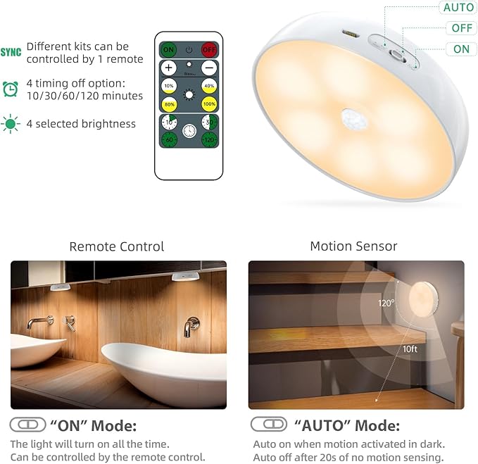 Warm Color LED Closet Lights Motion Sensor Puck Light, USB Rechargeable Battery Operated Puck Step Lights, Dimmable Under Cabinet Lighting for Counter Wardrobe Kitchen (6 Pack)
