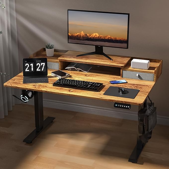 ExaDesk 48 x 30 Inch Electric Standing Desk with 2 Drawers, Adjustable Height Widened Stand Up Desk with Storage, Sit to Stand Ergonomic Workstation for Home Office, Light Rustic