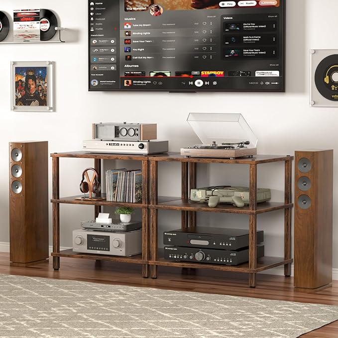 LELELINKY 3-Tier AV Media Player Stand Set of 2, Brown Stereo Cabinet, Wooden TV Stand,Game Console Shelf, Multifunctional Entertainment Center, Suitable for Home, Conference Room, Game Studio