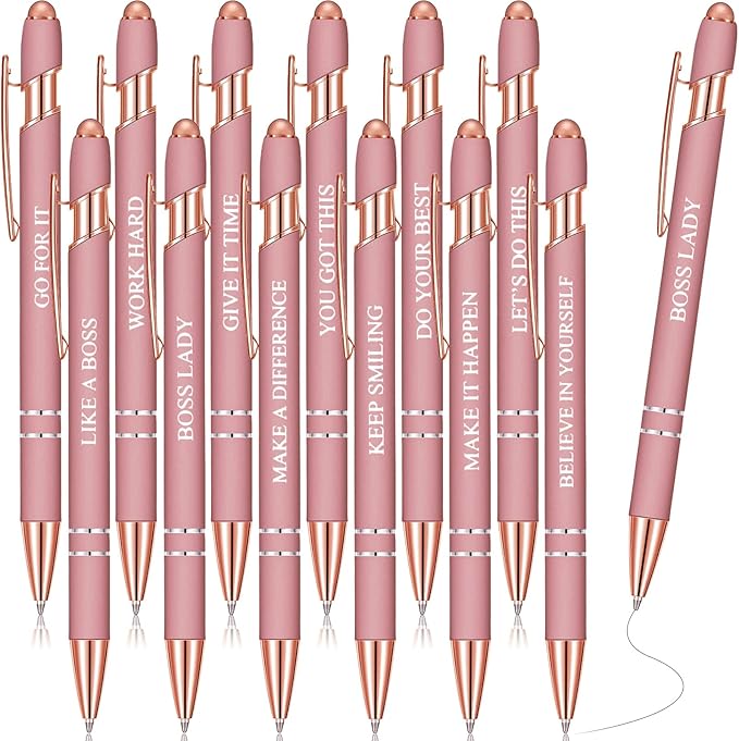 Zonon 12 Pcs Inspirational Pens Bulk Funny Ballpoint Pen with Stylus Tip Motivational Gifts for Valentine's Day Teacher Coworkers Nurse School Office Supplies(Rose Gold,Boss Lady)