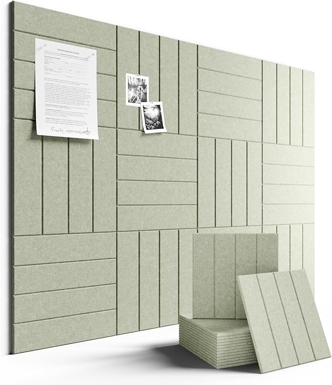Fluxynara Felt Bulletin Board Tiles Large 48" x 36" Cork Board Alternative-12 Pack with 70 Adhesive Tabs, Thick Slat Wall Panels for Office Decor, Push Pin Board Wall Organizer Alternative -Sage