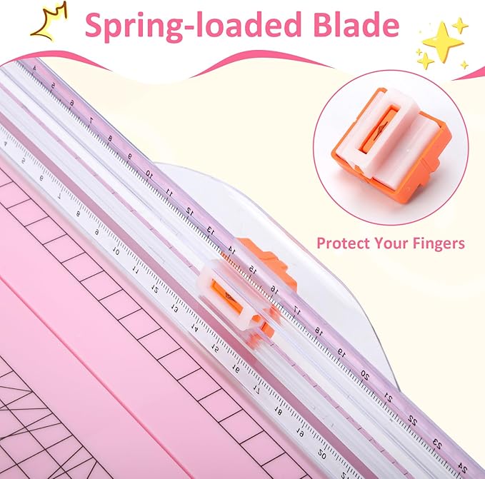 A4 Paper Cutter 12 Inch Titanium Paper Trimmer Scrapbooking Tool with 2pcs Replacement Blades with Automatic Safety Guard and Side Ruler for Craft Paper, Cardstock, Photo, Coupon, Label,Pink