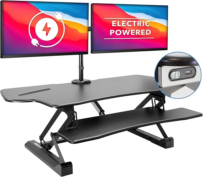Mount-It! Electric Standing Desk Converter with Dual Monitor Arm, Stand Up Desk Riser X-Large 47.2" Wide, Electric Desk Riser with Mount for 2 Screens (Max 32"), Desktop with Keyboard Tray, USB, Black