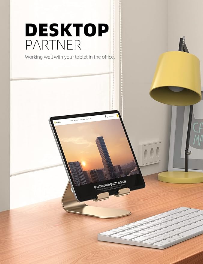 Lamicall Tablet Stand, Adjustable Tablet Holder - Desktop Stand Dock Holder Compatible with 4-13" Tablets Such as iPad Pro 11, 9.7, 10.5, 12.9 Air Mini, Kindle, Tab, iPhone Air 17 Pro Max, Gold