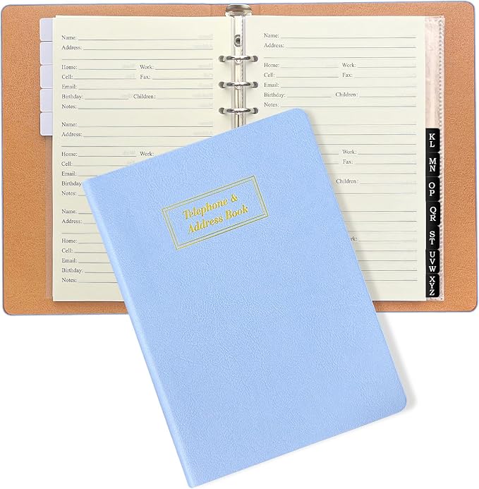 Reﬁllable Address Book with Alphabetical Tabs, Gold Foil Hardcover Phone Book 648 Contacts Book, 48 Passwords Combo Book, Large Print Address Books for Seniors, A5, Blue