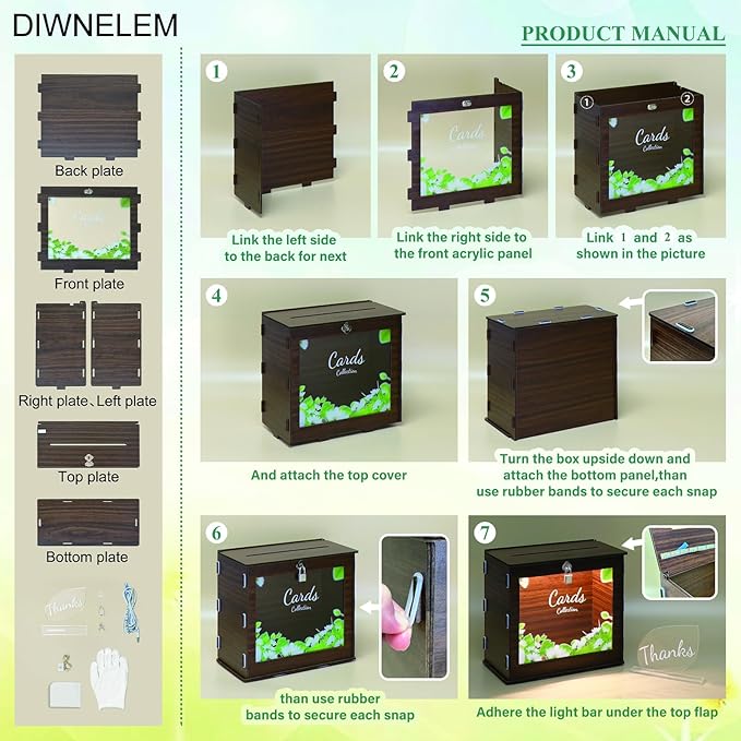 DIWNELEM Wooden Wedding Card Box with Lock&Light Large Letter Envelope Box Wedding Gift Card Box Money Box for Reception Baby Shower Birthday Party Graduation Decorations