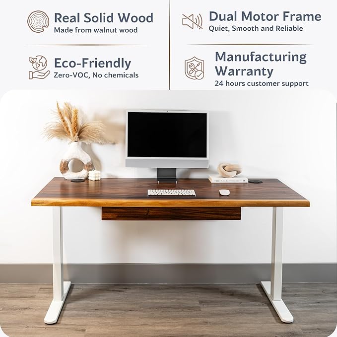 Standing Desk with Drawer – Walnut Solid Wood Desk, Natural Live Edge, Adjustable Height Dual Motor, Sit Stand for Home Office (White, W48 x D27)