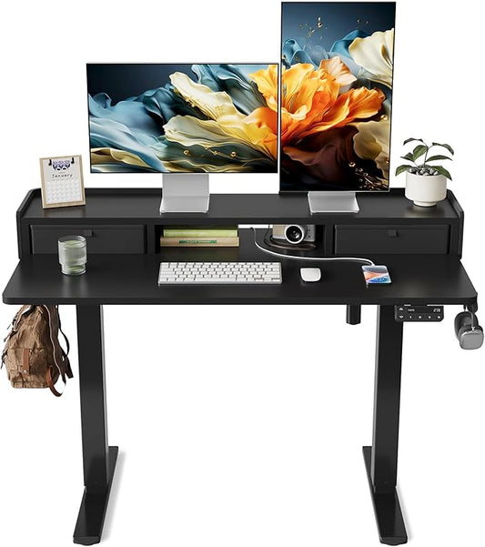 YIHAYO Electric Standing Desk with Drawers, 48 x 24 Inches Adjustable Desk with Storage Shelf, Stand Up Desk with Splice Board, Computer Table for Home Office, Black Frame/Black Top