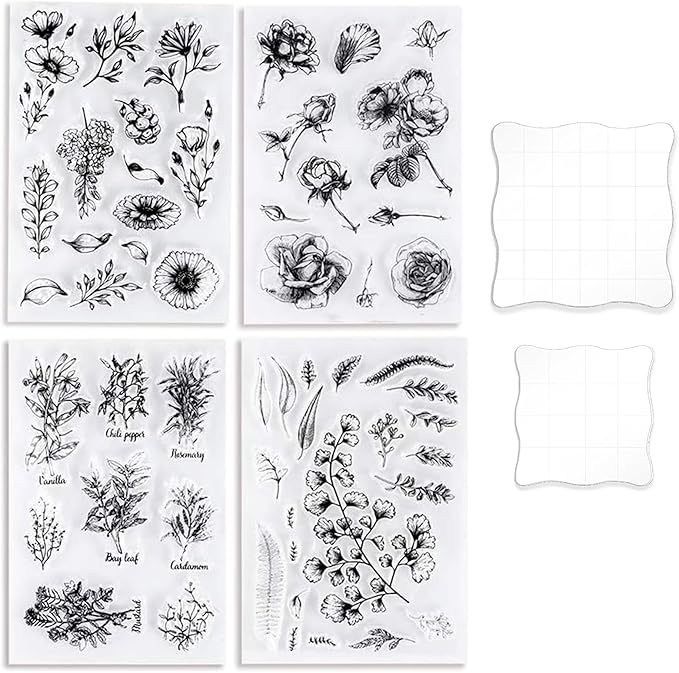 UCEC 4 Sheets Clear Stamps Set for Card Making, 2 Pcs Acrylic Stamp Block (7.5*7.5cm & 5*5cm), Vintage Plants Flowers Rubber Silicone Stamps, Small Clear Stamps for Crafts Decoration DIY Scrapbooking