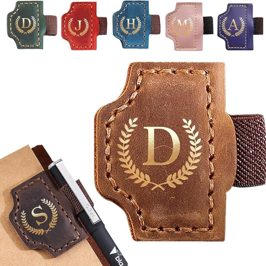 Personalized Mark Bookmark with Pen Holder, Leather Magnetic Book Marker 26 Letters,Custom Initials Page Marks, Gifts for Book Lovers Readers Men Women (Brown, D)