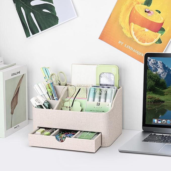 KINGFOM PU Leather Desk Organizer with Drawer, 5 Compartments Desktop Storage Caddy for Office & Home Supplies, Pen Holder for Remote Control, Phone & Accessories, Mail Organizer Countertop(Beige)