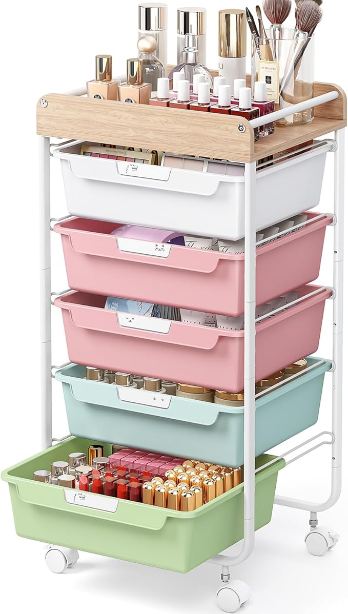 Rolling Storage Utility Cart With 5 Drawers,Craft Cart with Wheels,Makeup Organizer,Art Supply And Storage Wooden Tabletop,Rainbow