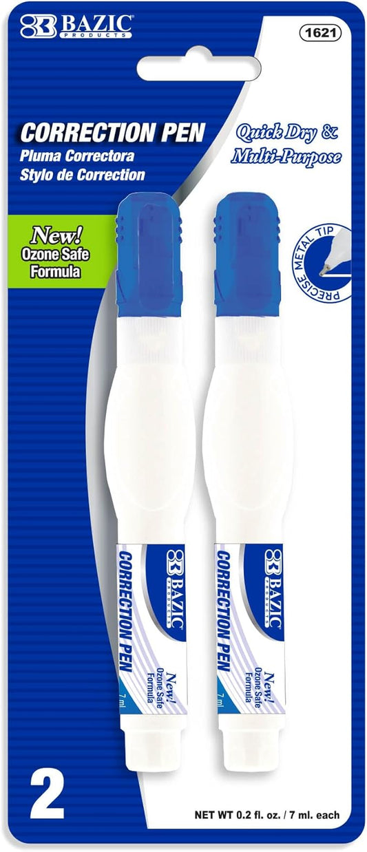 BAZIC Products Correction Pen - Corrections Fluid, Precise Metal Tip White Out, Ideal for School & Office Supplies, Alternative to Correction Solution, 2/Pack, 144-Packs