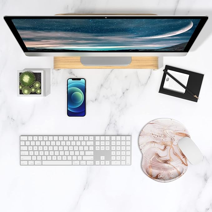 ITNRSIIET Ergonomic Mouse Pad with Gel Wrist Support Small Wrist Rest Smooth Surface Non-Slip PU Base Comfortable Office Supplies Pain Relief, 8.7 x 7.2 inches, Rose Gold Marbling