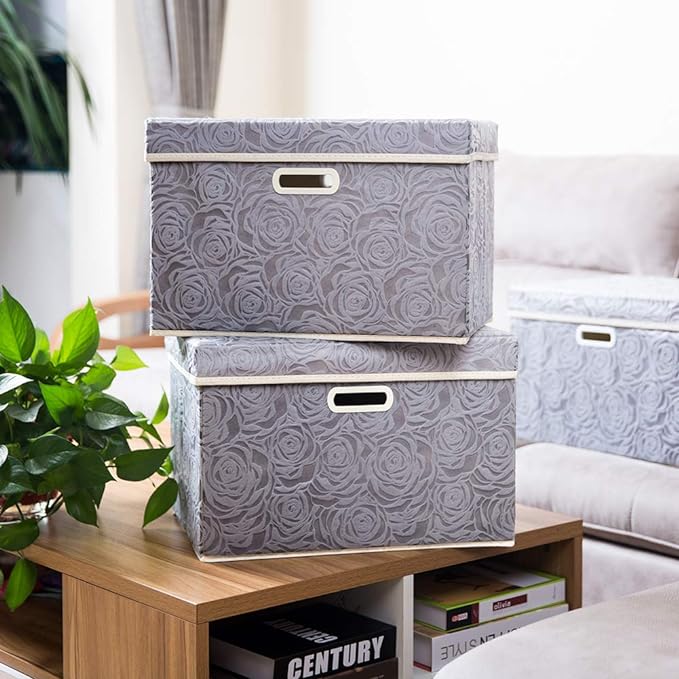 PRANDOM Large Storage Boxes with Lids [5-Pack] Fabric Decorative Storage Bins Cubes Organizer Containers Baskets with Handles for Closet Grey 17.5x11.8x11.8 In For 6+ Year Old Boys and Girls