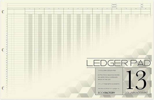 BookFactory Ledger Pad Large 13 Column Accounting Ledger Columnar (Thirteen Columns) Pads - 17'' x 11'', 50 Pages, Notepad Landscape Format (Made in USA)