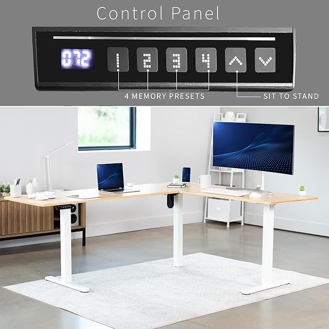 VIVO Electric Corner 75 x 63 inch L-Shaped Standing Desk, Memory Height Adjustment, Real Bamboo Top White Frame, DESK-E3CTWO-75