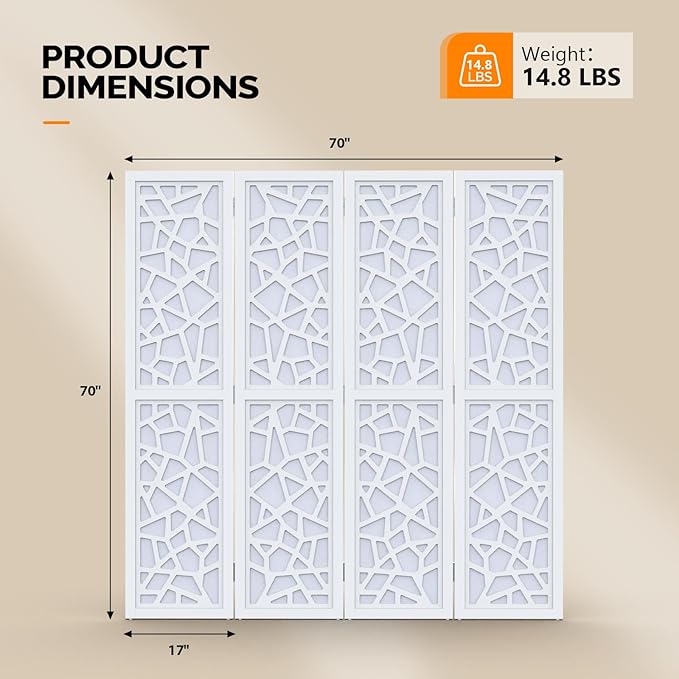 VINGLI 70'' H Room Divider, Non-Woven Fabric Privacy Screen, Indoor Partition Wall Dividers, Freestanding Hinged Space Separator with Modern Unique Pattern (White, 4 Panel)