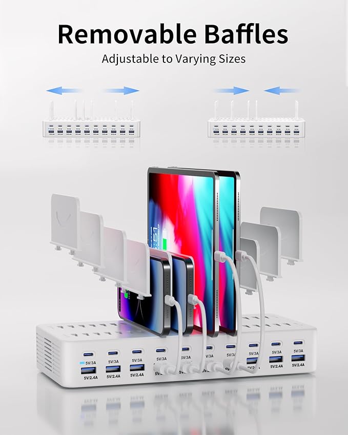 270W Charging Station for Multiple Devices, 20-Port USB Fast Charging Station with Adjustable Dividers & 10 Cables, Multi Device Organizer Charging Dock for iPhone, iPad, Tablets & More