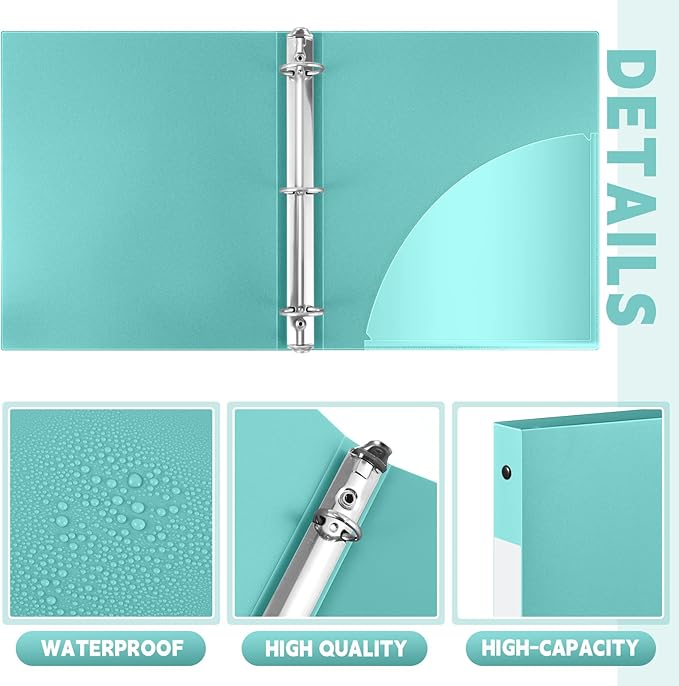 Henoyso 16 Pcs 3 Ring Binder 0.5 Inch Round Fits Letter Size 8.5'' x 11'' Paper Plastic Flexible Binder Bulk Holds 140 Sheets with 1 Pockets Versatile Organizer for Home Office School (Mint Green)