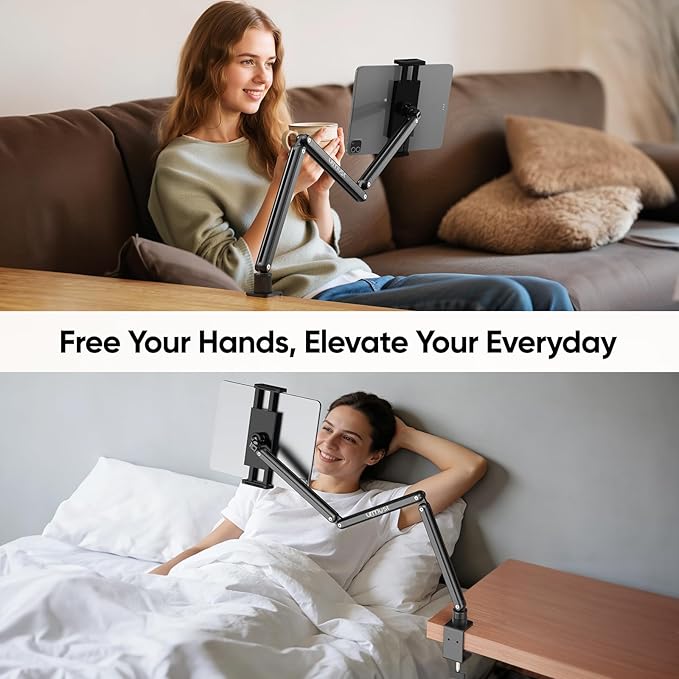 Urmust Tablet Stand for Desk, Adjustable iPad Holder Clamp Mount, 360° Rotation, Sturdy Aluminum Tablet Arm Mount for 4.7"-15.6" iPad Pro/Air/Mini, iPhone, Galaxy Tab, for Kitchen, Work, Video Call