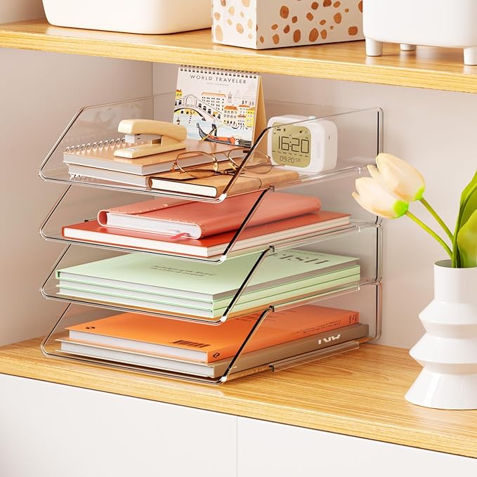 YKLSLH Simple 4 Tier Paper Organizer Letter Tray - Acrylic Stackable Desk File Organizer, Clear Paper Sorter Office Organizer for Letter/A4, Office File Ipad Books Notes Etc