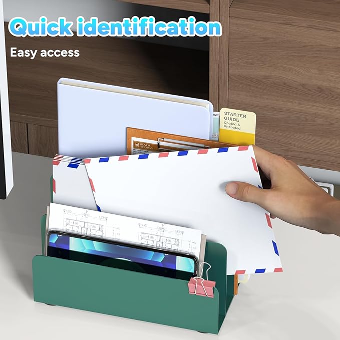OUTIOE Mail Organizer Countertop, Small Desk File Organizer, Metal File Holder - Essential Workspace Organizers for Office Desk, Home Office (Green)