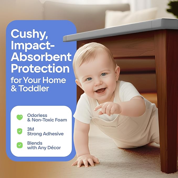 Baby Proof Corners 20.4ft and Edges with Furniture Corner & Edge Safety Bumpers, Impact-Absorbent 18ft Bumper & 8 Foam Corner Protectors, Thick, Odorless Table Edge Protectors for Baby | Grey