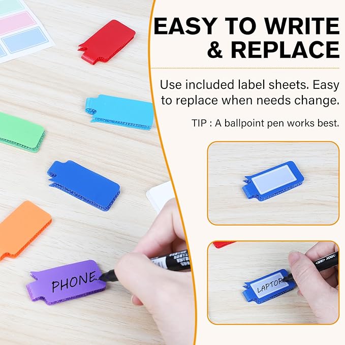 SummerBrite 36-Pack Large Cable Labels with 40 Write-On Stickers, Reusable 8-Color Wire Tags for Electronics, Cord ID & Cable Management for Home Office, PC Network - Rectangle