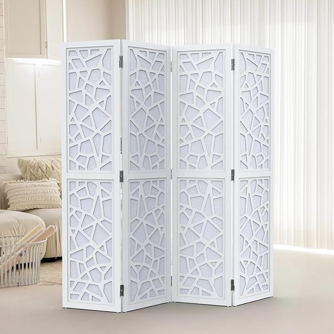 VINGLI 70'' H Room Divider, Non-Woven Fabric Privacy Screen, Indoor Partition Wall Dividers, Freestanding Hinged Space Separator with Modern Unique Pattern (White, 4 Panel)