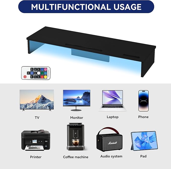 Qupui Dual Monitor Stand Riser with LED Lights and Phone Tablet Holder, 35.8in Large Monitor Stand for Desk, Computer Monitor Stand for 2 Monitors, Desktop Shelf Organizer for Laptop, Printer, TV
