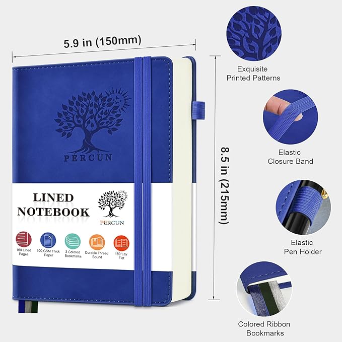 PERCUN Lined Journal Notebook for Men & Women, 160 Pages College Ruled Journal for Writing, A5 Hardcover Leather Notebooks for Work, School, Business, Travel, Daily Diary 5.9" x 8.5" (Navy)