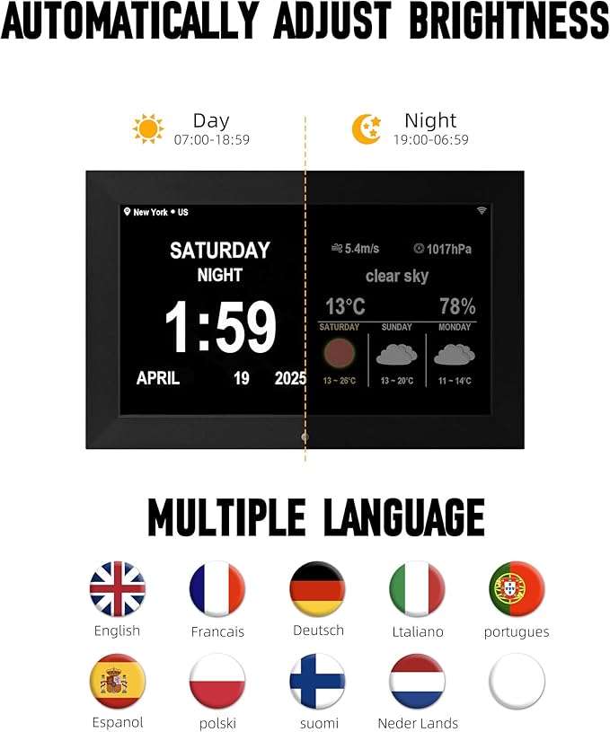 Memwake Digital Alarm Clock, Multiple Alarm Functions, Clock with Date and Day, Digital Alarm and Electronic Calendar for Seniors (White, 7 inch) (10-inch Black WiFi)