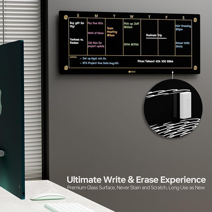 Black Glass Golden Weekly Dry Erase Calendar Whiteboard for Wall, to Do List & 7 Days Planner White Board for Home Office, 23x9.5, 4 Wet Erase Markers Included, Yeoux*