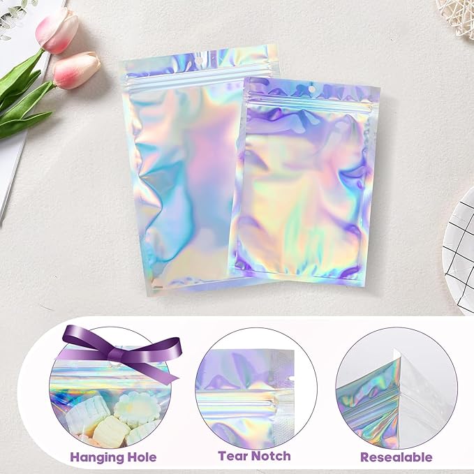 100Pcs Holographic Packaging Bags, 2.7x3.9 inch Resealable Foil Pouch Mylar Sample Bag Great for Small Business and Party Favor Food Storage Favors, Small Business Packaging