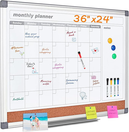 MAKELLO Dry Erase Calendar for Wall 36" x 24", Large Calendar Whiteboard with Cork Board for Office, Home, School, Family, Kitchen and Bedroom, 3' x 2'
