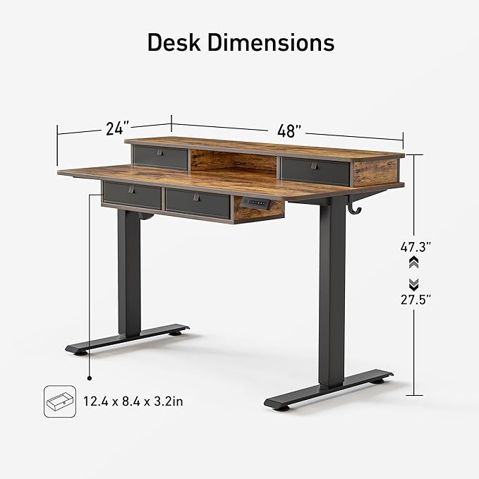 FEZIBO 48'' x 24'' Electric Standing Desk with 4 Storage Drawers, Adjustable Height Computer Table with Monitor Shelf, Stand Up Desk for Study, Gaming, Workstation, Rustic Brown Top