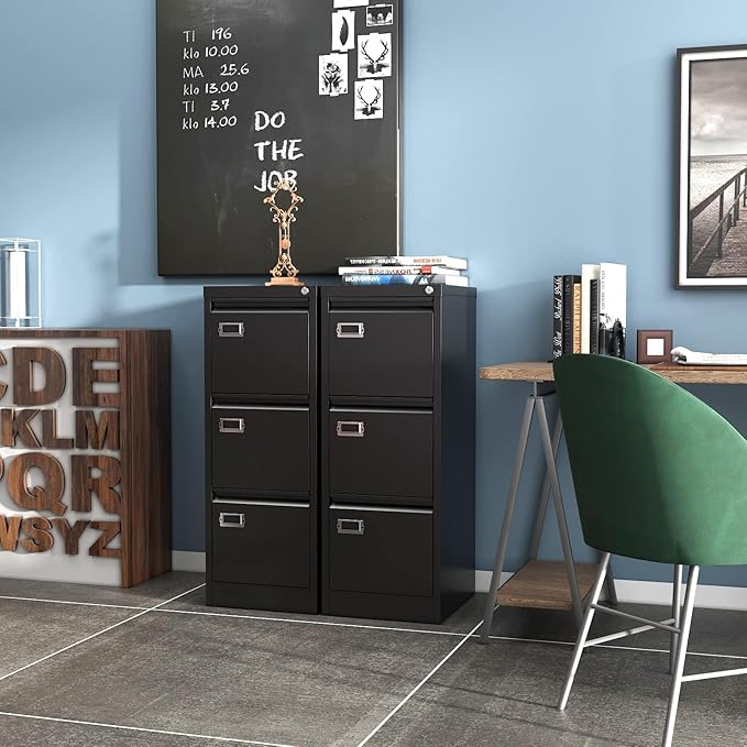 PEUKC 3-Drawer File Cabinet, 16.3" Deep Vertical Filing Cabinet with Lock, Metal File Cabinet for Home Office, Anti-Tip 3 Storage Drawers for Letter/Legal/A4/F4 Size, Assembly Required, Black