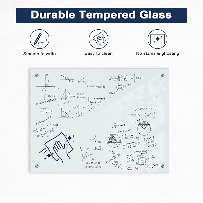 Magnetic Glass Whiteboard for Wall, 36" x 24" Glass Dry Erase Board, Large Frameless White Board for Home and Office with 1 Marker Tray - Normal White