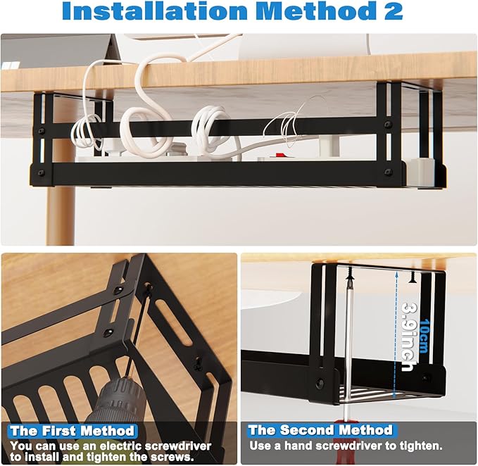 PAVSTINE Under Desk Cable Management Tray, 17 in Metal Cable Tray Basket for Wire Management, Power Strip Holder, Cord Organizer, Wire Tamer for Home/Office Desk Cable Hider Black, 2 Pack