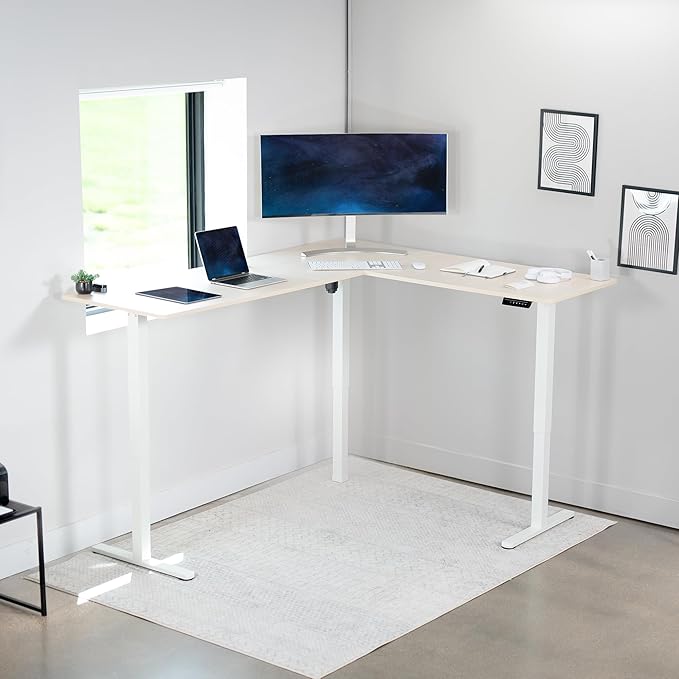 VIVO Electric Corner 75 x 63 inch L-Shaped Standing Desk, Memory Height Adjustment, Light Wood Top White Frame, DESK-E3CTC-75