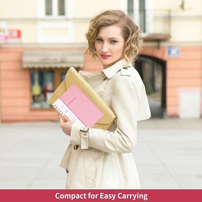 Oneirom Spiral Notebook, Pink Notebook-6.1x8.2 Inch College Ruled Journal with Inner Pockets and 160 Pages, PU Leather Cover Business Journal, Twin-Wire Binding Notebook Perfect for Office & Home