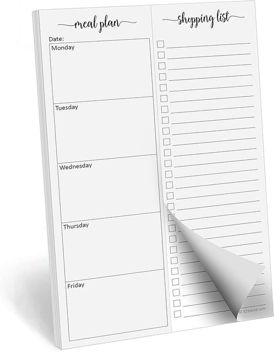 321Done Meal Planning Notepad, 5.5x8.5, Made in USA, M-F Weekly Menu Planner & Grocery List, Perforated Tear Off Checklist (50 Pages), Thick Paper, Simple Minimalist Design