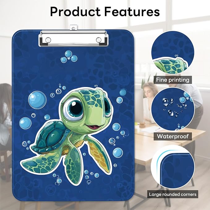 Luminzo Plastic Cute Clipboard Low-Profile Metal Clip, A4 Letter Size 9 x 12.5 in, 8.5 x 11 Paper Clip Board for Teachers, Nurses, Classroom,Cute Turtle